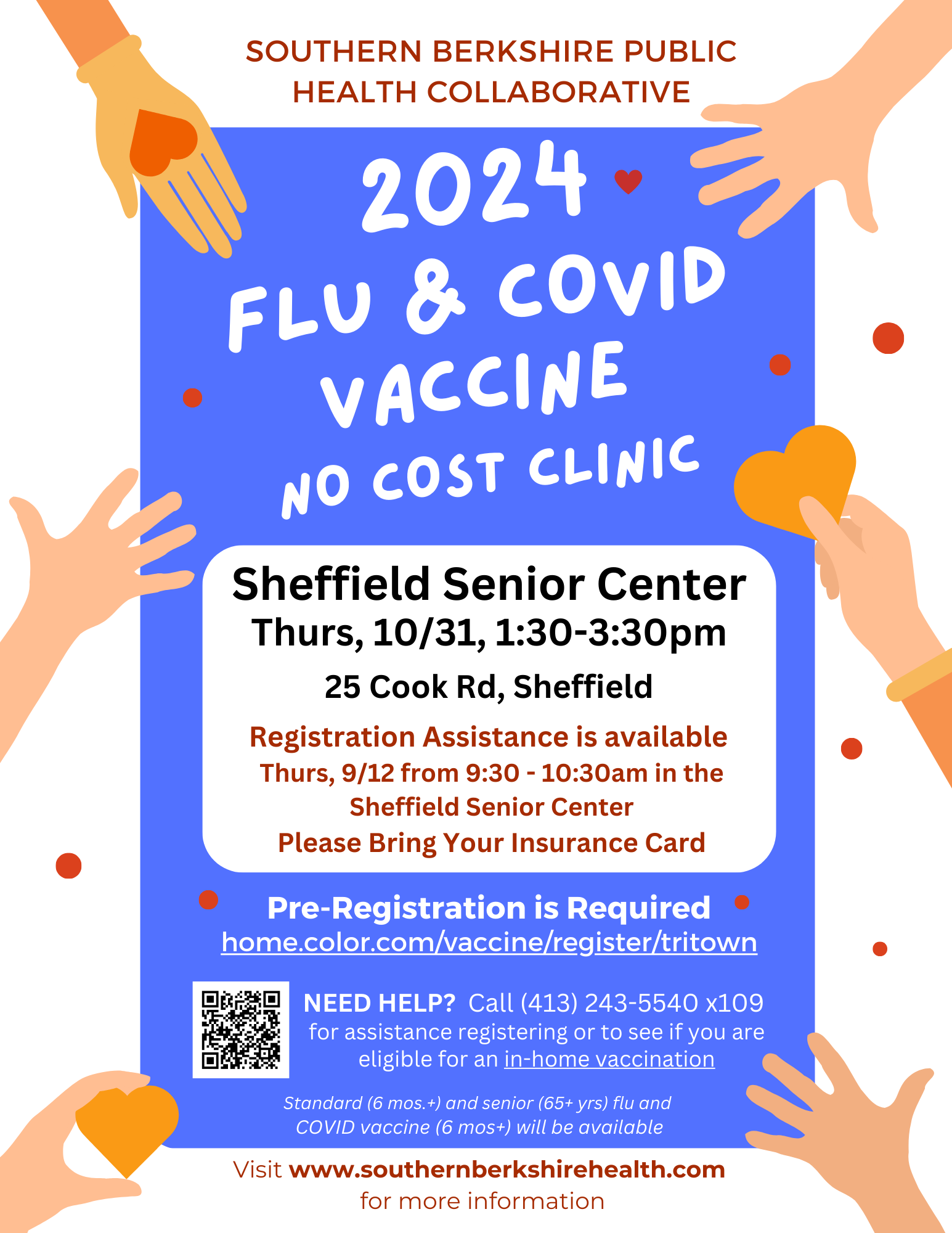 Sheffield Senior Center Flu and COVID Clinic 10/31 from 1:30 -3:30