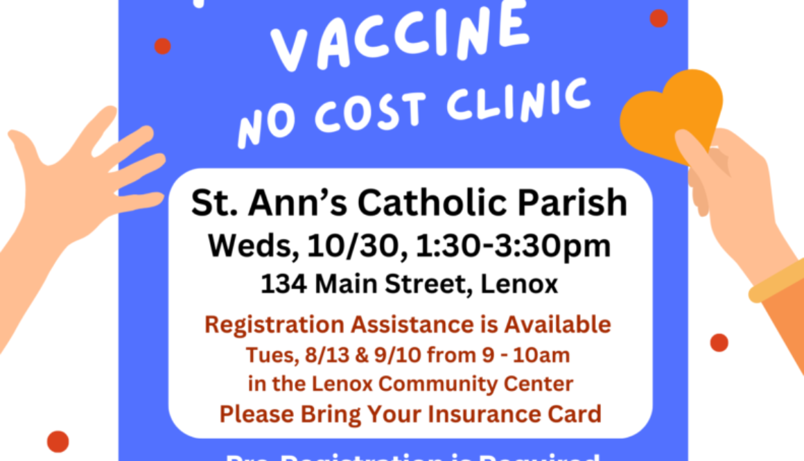 Flyer for COVID and Flu Clinic at St. Ann's on 10/30/24 from 1:30 -3:30