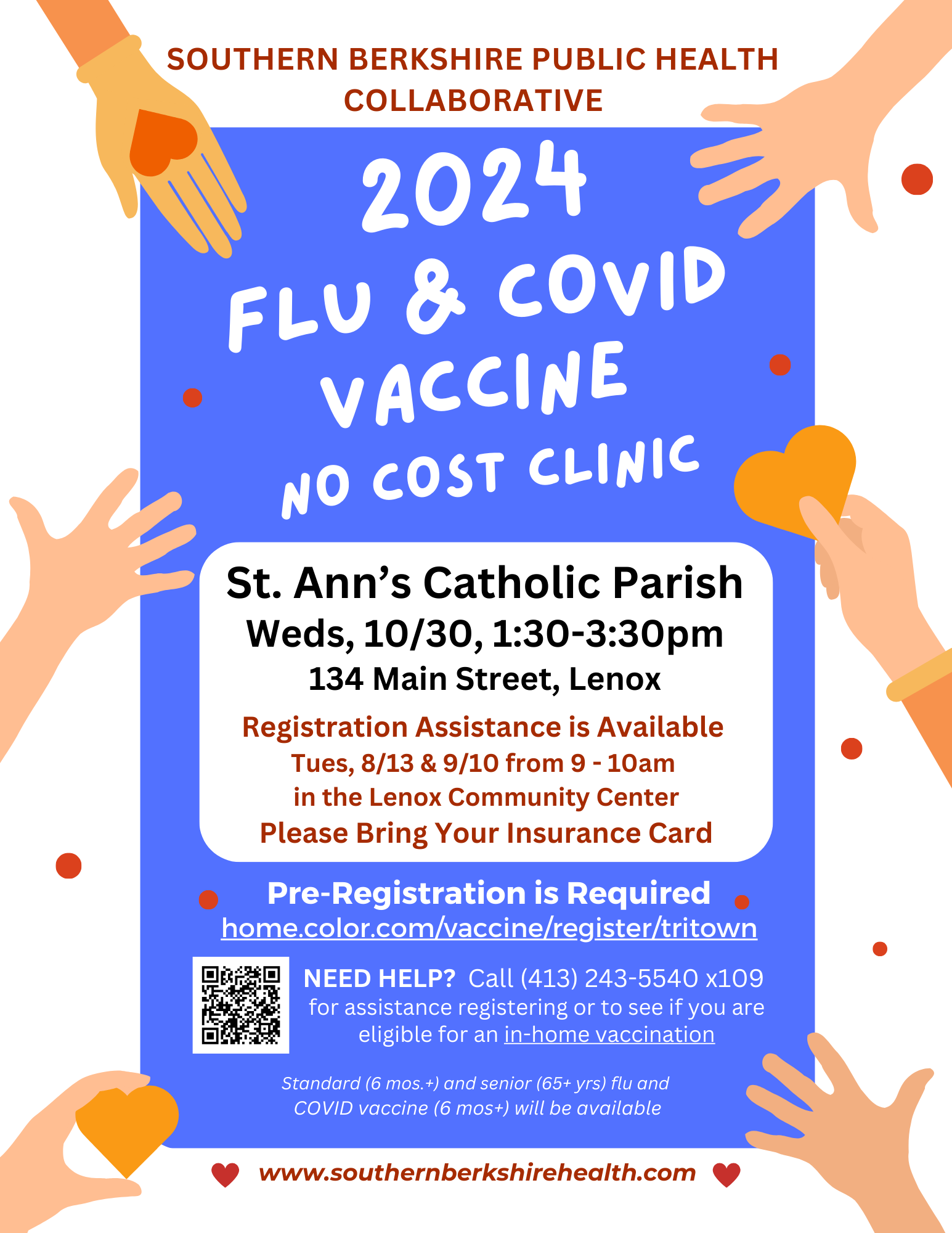 Flyer for COVID and Flu Clinic at St. Ann's on 10/30/24 from 1:30 -3:30